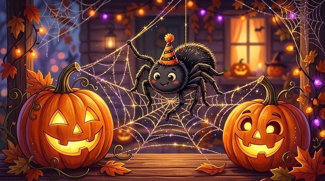A comical digital illustration of a cartoon spider, wearing a tiny party hat, meticulously spinning a glittery web between two cheerful jack-o'-lanterns. 