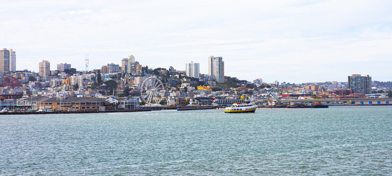 San Francisco Waterfront Skyline with Ferris Wheel and Ferry