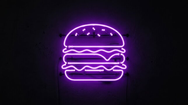 Neon purple hamburger icon sign. Glowing fast food symbol for restaurant or cafe branding design.