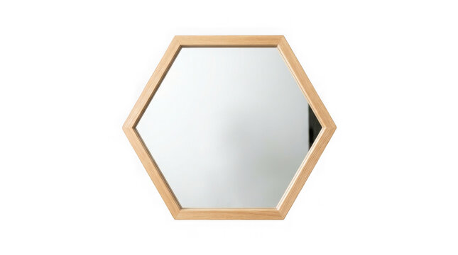 Hexagonal wood mirror frame on transparent background for interior design home decor element isolation.