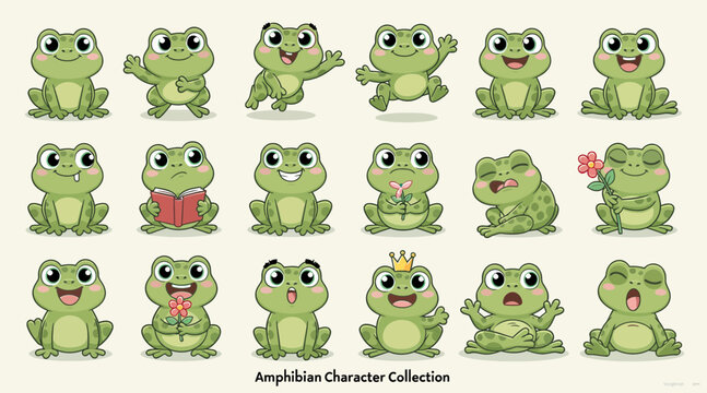 Cute Frog Character Collection Set with Various Expressions