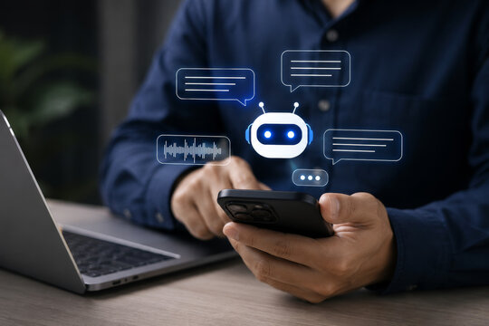 AI Artificial Intelligence,Digital chatbot, Man chatting with digital assistant chatbot on mobilephone on internet application,Future of customer service man utilizes AI chatbot for instant assistance