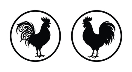 Two black rooster silhouettes within circular frames a decorative graphic silhouette roosters cock © APIM02SN