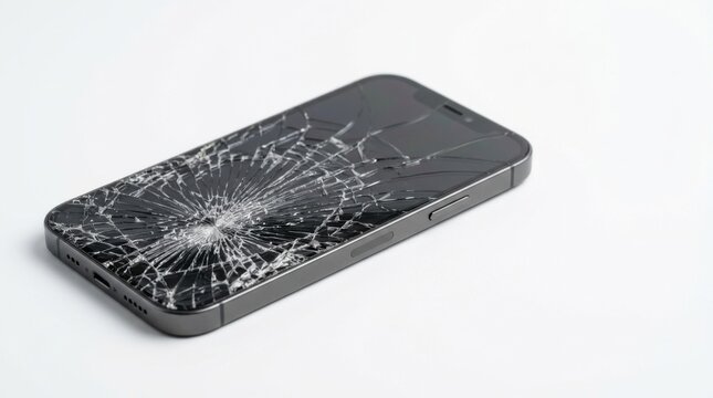 Severely damaged cracked glass touchscreen surface of a black generic mobile smartphone isolated on pure white background