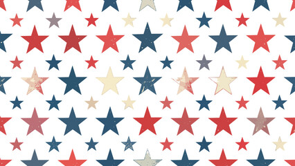 Fototapeta premium Vibrant seamless pattern of scattered stars in red, blue, gold, and beige tones, cheerful patriotic illustration perfect for celebration and festive design concepts