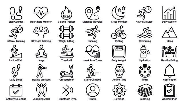 Fitness icons for workout and health tracking