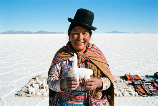 Bolivian Aymara woman in traditional cholita clothing holding a handcrafted salt llama figurine at Salar de Uyuni. Indigenous culture and travel concept