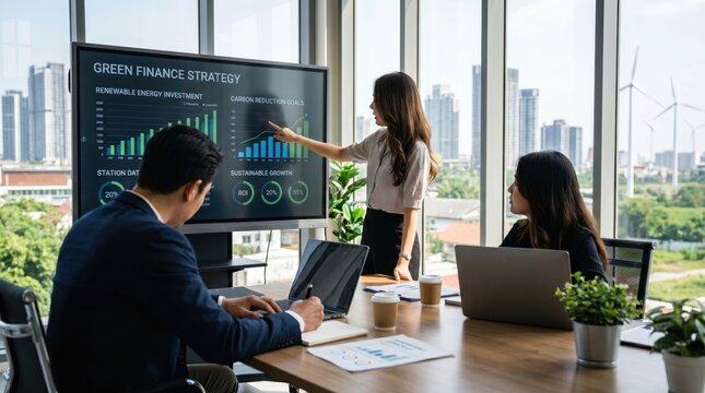 Business team discussing green finance strategy on screen, renewable energy investment charts, carbon reduction goals presentation, sustainable growth analysis, corporate meetin...