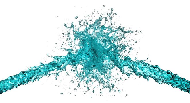 Two streams of vibrant turquoise water collide and explode into a dynamic splash against a clean white background, captured in high-speed photography.