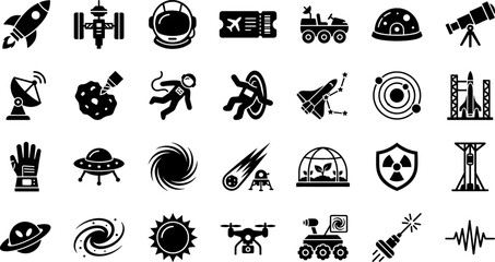 Space Exploration and Sci-Fi Future Industry Silhouette Icon Set Featuring Cosmic Tourism, Astronauts, Alien Planets, Asteroid Mining, Quantum Portals, and Astronomy Science Symbols © MdMohsin