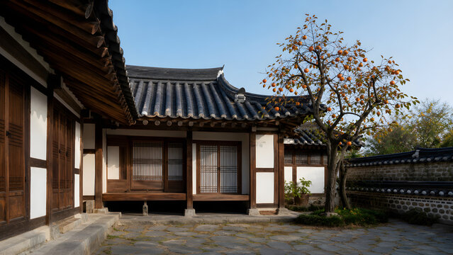 Traditional Korean hanok courtyard with autumn persimmons