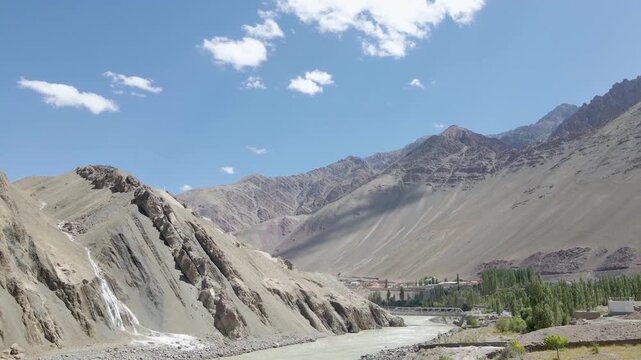 Scenic mountain road near Diskit in Nubra Valley Ladakh India Empty highway through the cold desert landscape of Diskit Ladakh