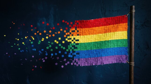 Pixelated rainbow flag waving on dark background. LGBTQ pride symbol with colorful pixels fading out.