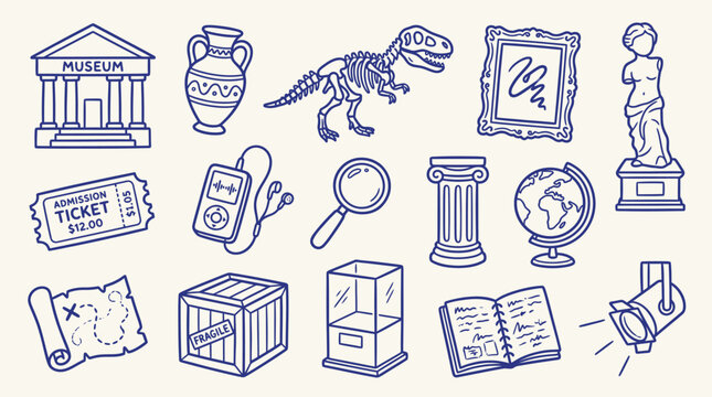 Collection of museum and historical artifacts icons in a doodle style.