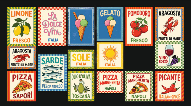 Collection of vintage Italian food and travel posters featuring lemons gelato tomatoes lobsters fish wine sun and pizza