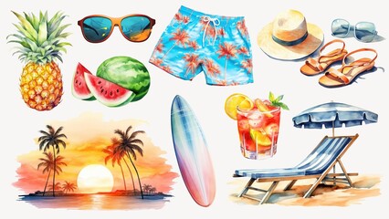 Obraz premium Watercolor summer isolated image set