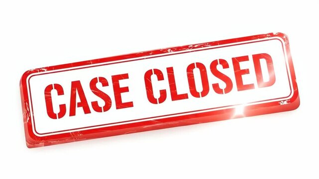 A bold red rubber stamp with the white text reading case closed on white