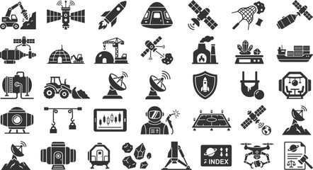 Space Industry and Off-World Resource Mining Silhouette Icon Set Featuring Deep Space Manufacturing, Rocket Transport, Asteroid Drilling, and Lunar Colony Engineering Symbols © MdMohsin