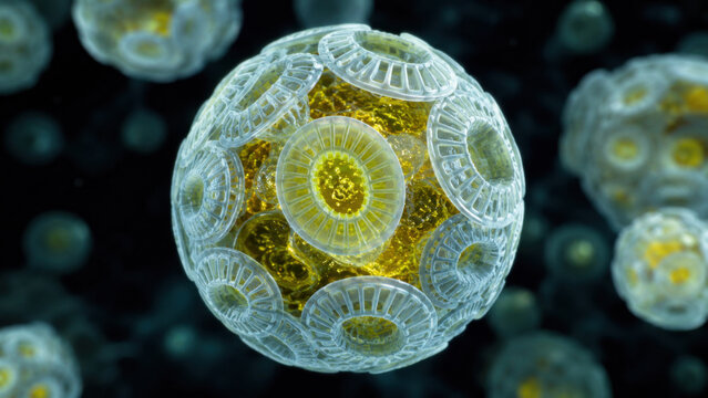 Hyper realistic macro of algae cell with circular arrangement of calcite plate surrounding cell glowing golden yellow chloroplast interior