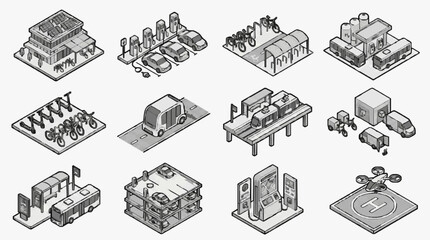 Obraz premium Creative Isometric Illustrations of Modern Urban Transport Logistics and Technology Concepts in Monochrome