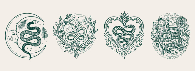 Mystical snake heart botanical ornament, green ink tattoo style wallpaper, bohemian forest reptile line drawing, vintage gothic flora vector design, esoteric magic ritual texture print, elegant nature © Geetaroy