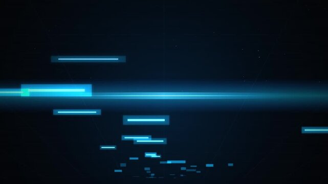 Abstract digital data stream with glowing blue rectangles and lines moving on a dark grid background, technology concept