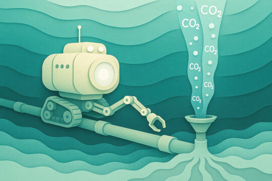 Underwater robot arm connecting carbon capture pipe to seafloor sediment injection point with CO2 bubbles rising through layered teal ocean depth illustration