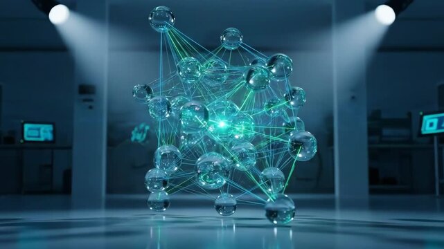 A glowing digital molecular structure floating in a dark high tech laboratory
