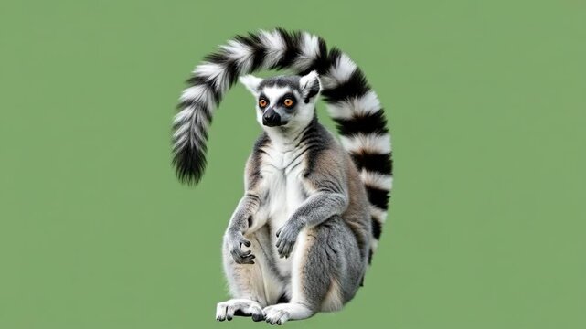A ring-tailed lemur sits gracefully with its long striped tail arched high