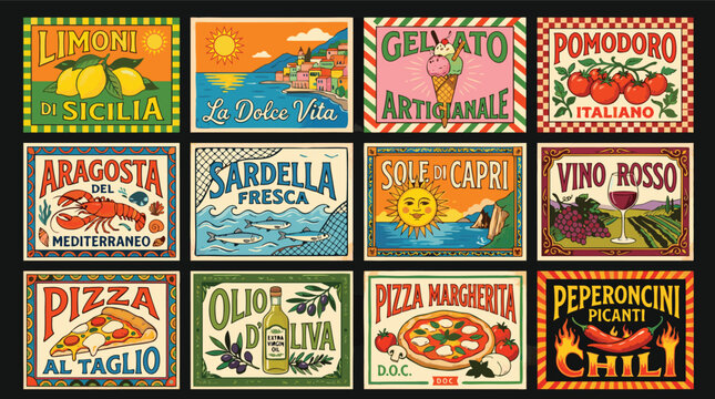 Vintage Italian Food and Drink Signs Collection Featuring Lemons Lobster Sardines Pizza and Wine