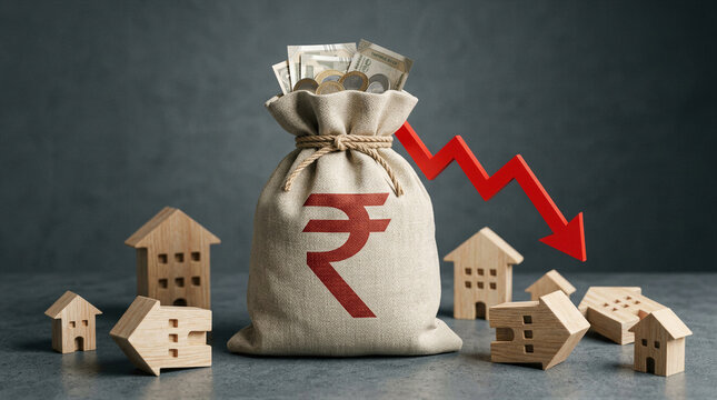 Rupee money bag and houses with red falling arrow showing loss