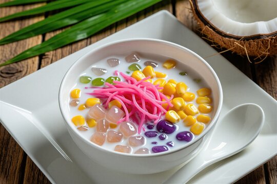 Thai dessert Ruam Mit served in white bowl with coconut milk. Colorful mix of sweet corn kernels, tapioca pearls with jelly noodles. Traditional Asian treat features tropical ingredients for