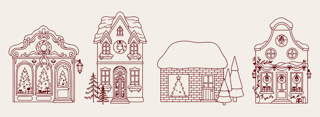Cozy winter village christmas houses, hand drawn holiday cottage snow wallpaper, festive cottage village line drawing, burgundy ink wintertime landscape texture, seasonal architecture vector pattern b © Geetaroy