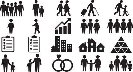 Obraz premium Demographic and family silhouette icons, social community life and population pictograms and unit, cycle, and people silhouettes