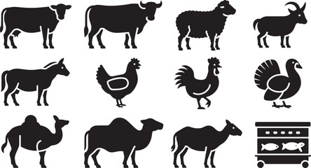 Obraz premium Farm animal silhouettes collection featuring cow, sheep, goat, chicken, rooster and camel and icons set, domestic and group and icon and black silhoue