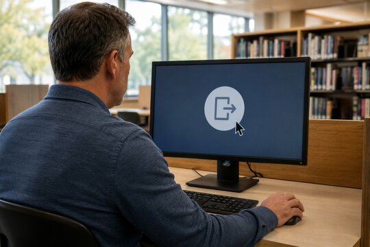 Man using computer logout screen in library