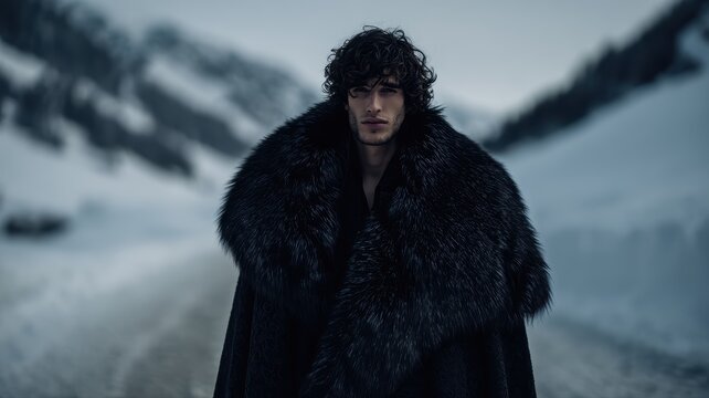 man in fur coat standing in snowy landscape