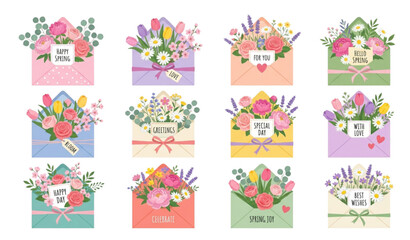 Obraz premium Floral Envelope Collection with Spring Flower Bouquets Vector Set