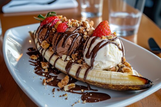 Banana split dessert chocolate sauce