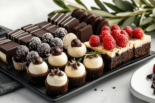 Dessert platter chocolate cake raspberry tart cream dessert chocolate confection pastry assortment sweet food party dessert black tray bakery display