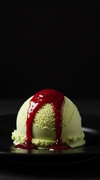 A close-up shot of sweet red raspberry or strawberry syrup pouring from a spoon onto a delicious scoop of green tea or pistachios ice cream, set against a dark moody background.