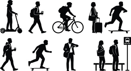 Fototapeta premium City commuters silhouettes set featuring people riding electric scooter bicycle skateboarding walking and waiting at bus stop