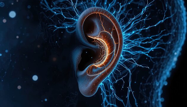A human ear illuminated by internal neural pathways glowing with energy.
