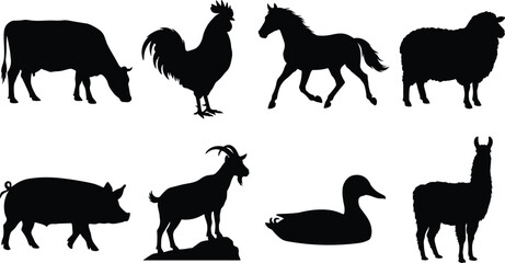 Domesticated Farm Animals Livestock and Rural Countryside Poultry Silhouette Vector Graphic Icon Set © Mst