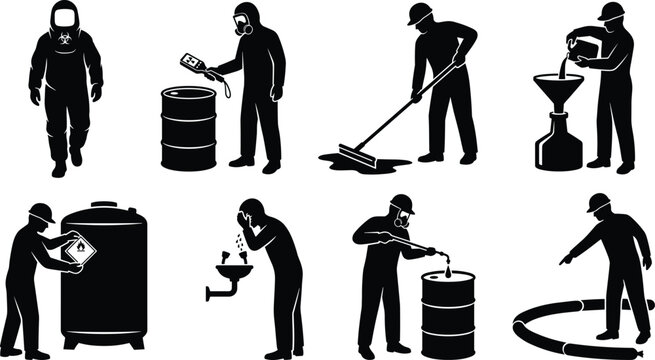 Hazardous Material Handling Chemical Spill Response and Hazmat Safety Procedures Silhouette Vector Icon Set