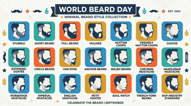 World beard day minimalist style collection infographic with labels patterned background
