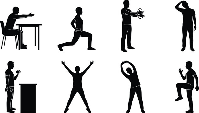 Office Physical Therapy Workplace Warmups and Desk Stretch Exercises Silhouette Vector Graphic Icon Set