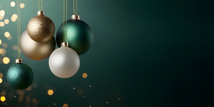 Christmas ornaments hanging on gold strings against dark green background 1