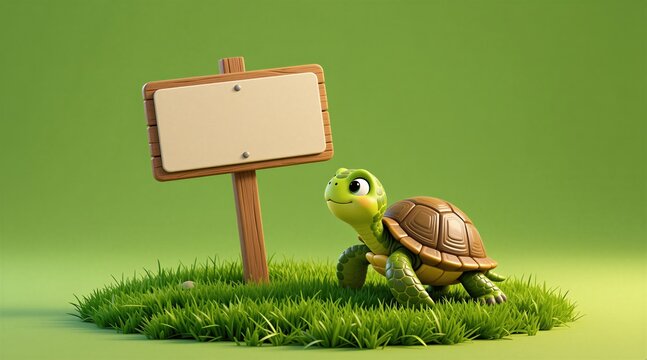 Cute cartoon turtle walks near blank sign on green grass. Character offers space for text or message. Friendly animal illustration for kids and nature themes.