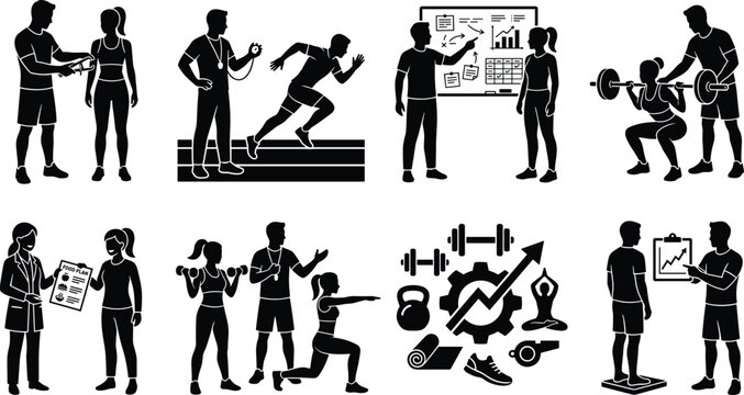 Personal Fitness Trainer Coaching and Athlete Workout Consultation Silhouette Vector Graphic Icon Set